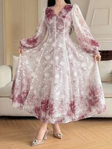 DAZY Women's Elegant Floral Petal Sleeve V-Neck Mid-Length Dress, Spring/Summer Sundress - Burgundy - View 6