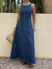 Livesso Đầm denim nữ màu xanh nhạt cổ điển, phối eo, phong cách tối giản, thanh lịch, thích hợp cho kỳ nghỉ, đi biển hoặc đi làm, dáng suông, mùa xuân và hè. - Rửa tối - Xem 5