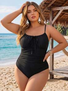 SHEIN CURVE+ Plus Size Solid Color Spaghetti Strap Tie Front One-Piece Swimsuit Beach Vacation White Summer Sexy - Black - View 3