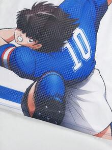 Captain Tsubasa X SHEIN STYNVO 男士極簡印花V領短袖T恤 - 白色 - 查看 3