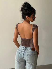 Aloruh Casual Minimalist Nautical Style Vacation Vibe Brown Base Color Rope Texture Striped Allover Print Women Short Sleeve T-Shirt Sexy Backless Top, Suitable For Spring/Summer - Multicolor - View 3