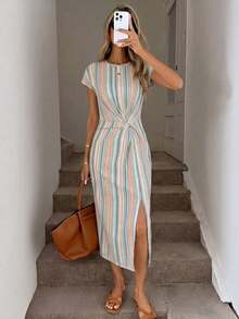 SHEIN LUNE 女士优雅腰部扭结高开衩无袖中长修身连衣裙 - 休闲多彩条纹波西米亚风格，完美适用于海滨度假、浪漫春季海滩之旅、婚礼宾客礼服等。 - 彩色 - 查看 4