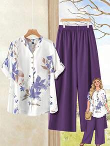Rusticease Plus Size Women's Casual Vacation Floral Print Notch Neck Roll Tab Sleeve Loose Top And Wide Leg Pants 2 Piece Set, Spring/Summer - Purple - View 1