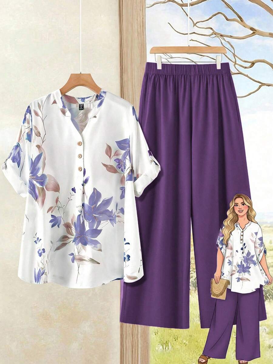 Rusticease Plus Size Women's Casual Vacation Floral Print Notch Neck Roll Tab Sleeve Loose Top And Wide Leg Pants 2 Piece Set, Spring/Summer - Purple - View 1