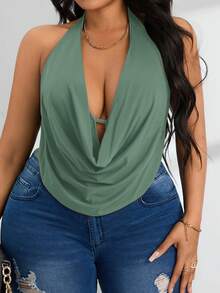 SHEIN PETITE CURVE Women's Plus Size Draped Front Backless Halter Bodysuit - Olive Green - View 4