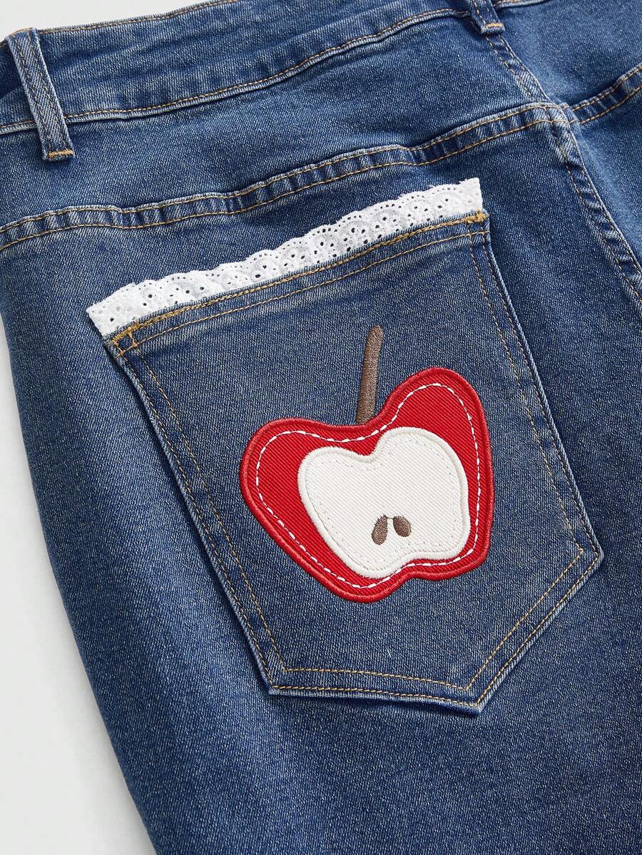 Sweetness Plus Size Vintage Casual Washed Summer Embroidered Cute Apple Pattern Versatile Minimalist High Stretch Flare Jeans Teachers' Day Formal Graduation - Blue - View 1