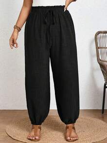 SHEIN Frenchy Summer Vacation Women's Tropical Print Knot Front High Waisted Long Pants - Black - View 3