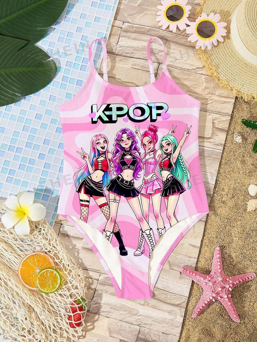 Traje de baño de una pieza con estampado colorido informal para niñas preadolescentes, adecuado para el verano - Multicolor - Ver 1