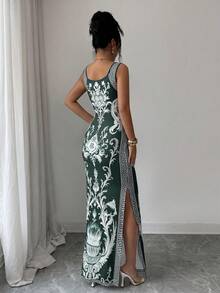 SHEIN Elenzya Exquisite Printed Chinoiserie Waist-Cinching Slit Luxurious Retro Middle Eastern UAE Style Robe, Tight Fit, Multi-Color, Sleeveless - Dark Green - View 2