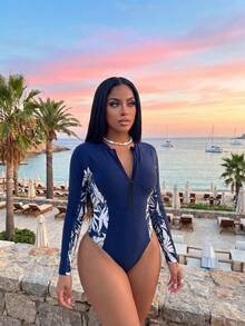 Slaydiva Slayr Women's Zipper Front One-Piece Swimsuit, Navy And White Floral Tropical Print Surfing Suit, Cute Active Summer Beach Vacation Pool Party Club - Navy Blue - View 5