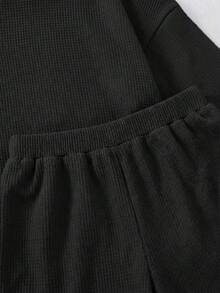 SHEIN LMoss Kids 两件套女童针织纯色圆领宽松T恤和修身短裤套装 - 黑色 - 查看 3