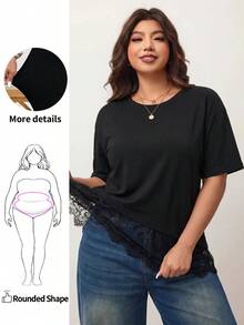 Enliva Áo thun nữ size lớn dáng rộng, áo thun ngắn tay thường ngày viền ren, dành cho dáng người quả táo và tròn trịa - màu đen - Xem 1