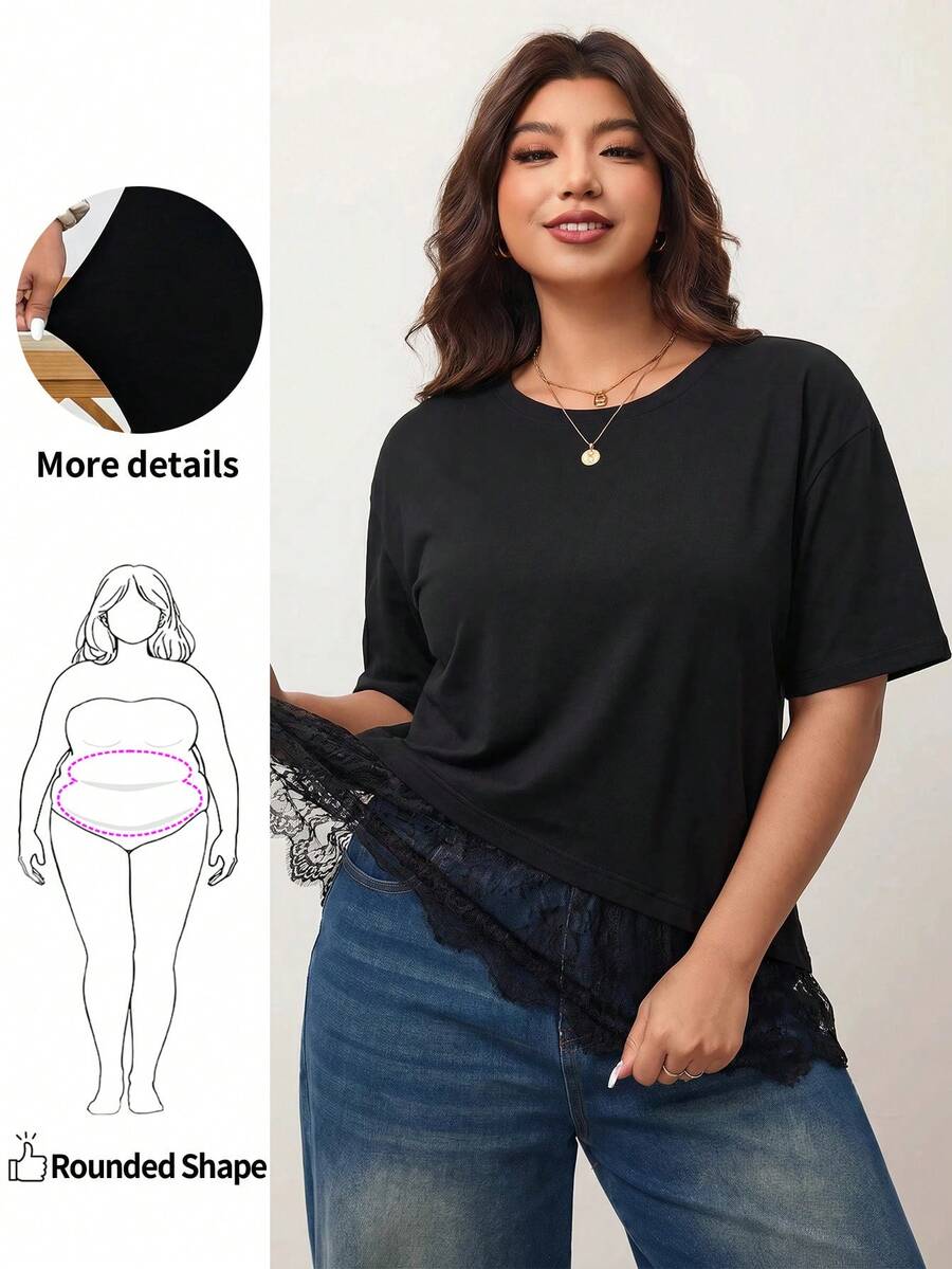 Enliva Áo thun nữ size lớn dáng rộng, áo thun ngắn tay thường ngày viền ren, dành cho dáng người quả táo và tròn trịa - màu đen - Xem 1