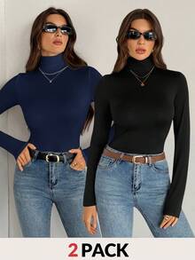 SHEIN Tall 2件組純色修身高領白色上衣，適合秋冬，高個女性 - 彩色 - 查看 3