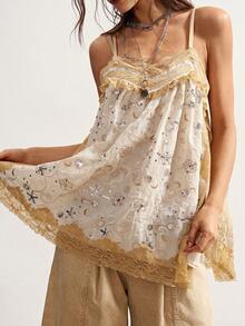 Bohemela Boho Vacation Casual Woven Fitted Camisole Top For Women White And Blue Floral Summer - Apricot - View 5