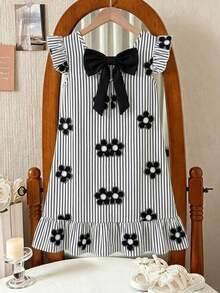 Tween Girls Sweet Spring Tropical Bowknot Round Neck Sleeveless Ruffle Hem Cap Sleeve Mid-Length Dress, Spring/Summer Resort - Black - View 2