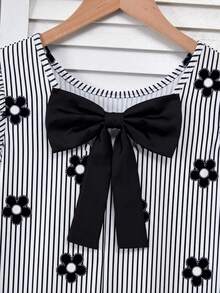 Tween Girls Sweet Spring Tropical Bowknot Round Neck Sleeveless Ruffle Hem Cap Sleeve Mid-Length Dress, Spring/Summer Resort - Black - View 4