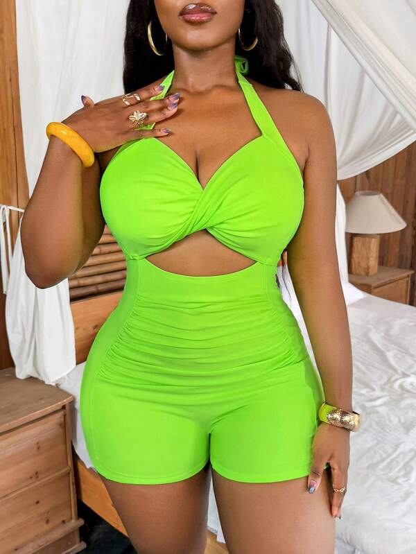 Slaydiva 2026 Costum de baie dintr-o bucată, model Plus Size, verde neon, cu halter, cu scobitură, pentru femei, vacanță la plajă, ținută de vară, rochie de petrecere, costum de baie elegant pentru plajă, îmbrăcăminte pentru femei, mărime mare