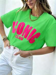 Camiseta de mujer, camiseta de manga corta con gráfico de estilo casual de calle, top de verano lindo - Verde 5 - Ver 4