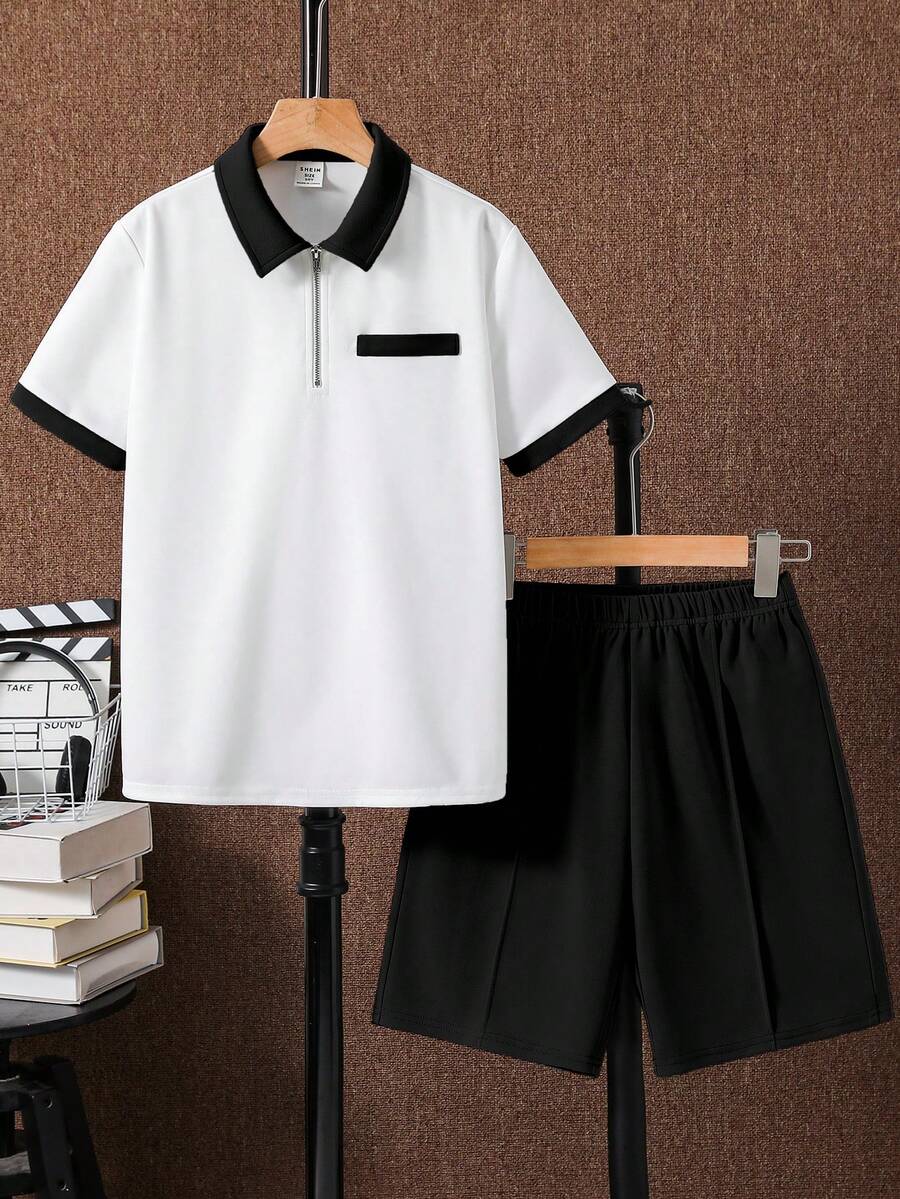 SHEIN 两件套男童休闲校服/学院撞色拼接 Polo 领衬衫短裤套装,适合通勤、上学、日常休闲、运动、春夏穿着。 - 黑色 - 查看 1