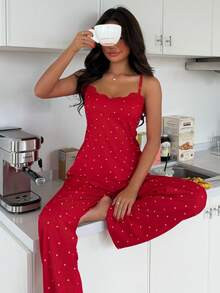 ZzzCrew Women's Knitted Heart Print Camisole And Shorts Pajama Set, Sexy And Suitable For All Seasons - Red - View 1