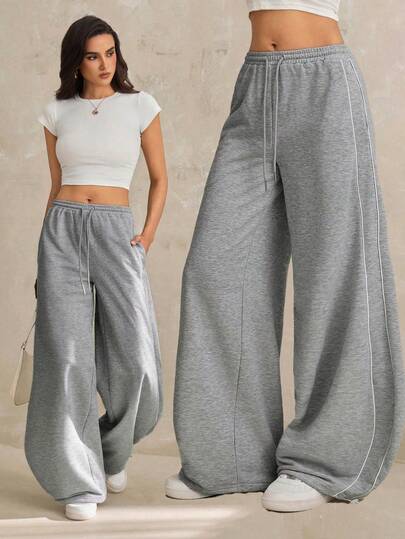 SHEIN Tall Pantaloni de trening largi cu model de logo, sport de vară, casual