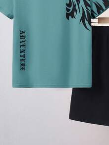 SHEIN 2pcs Tween Boys' Casual Lion Graphic T-Shirt And Shorts Set, Summer Loungewear - Green - View 4