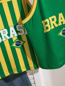 2pcs/Set Tween Girls' Brazil Team Green Striped Tank Top - Multicolor - View 4