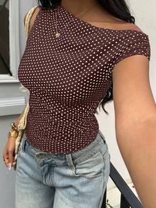 SHEIN PETITE 白色與黑色波點不對稱抓皺收腰上衣，優雅休閒海灘度假百搭上衣，適合嬌小女性，夏季 - 棕色 - 查看 3