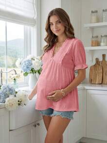 SHEIN Maternity Solid Color Ruffle V-Neck Short Sleeve Casual Shirt - Pink - View 3