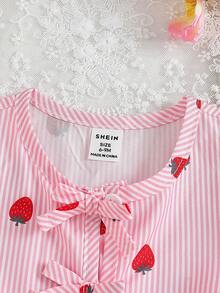 SHEIN 2件套女婴幼儿/新生儿0-3岁春夏休闲甜美清新可爱日常度假条纹粉色草莓印花梭织面料无袖背心上衣带蝴蝶结装饰+松紧腰阔腿裤两件套 - 粉色 - 查看 6