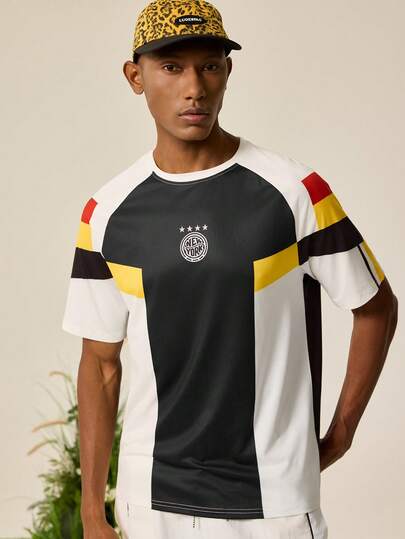 Tonviero Manfinity Streetrush Geometric Color Block Short Sleeve Sporty Casual Top Soccer Jersey Jersey Y2k Jersey Romwe Jersey Soccer Shirt