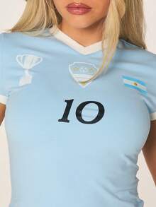 MISSGUIDED Argentina Inspired Tee Short Sleeve Crew Neck Light Blue Sports Jersey Style Crop Top With Number Print Vacation Summer Streetwear - Multicolor - View 5