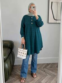 Solavon Plus Size Striped Texture Loose Long Shirt - Green - View 1