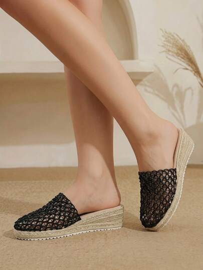 Styleloop Women's Hemp Rope Straw Thick Heel Black Woven Mesh Backless Women's Slope Heel Shoes Mule Shoes Summer Sandals Hemp Rope Shoes Boho Style Suitable For Going Out On Vacation Daily Dating Beach Beach Travel Casual Style Wear Women's Shoes
