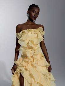 Elitara Elegant Luxurious Beaded Sequin Embroidered Lace Organza Ruffle Hem Backless Mermaid Dress,Suitable For Weddings,Parties,Galas,Formal Events - Pale Yellow - View 2