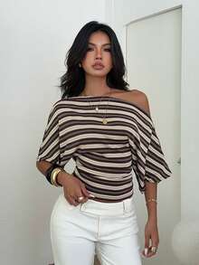 Aloruh Asymmetric Striped Loose Top With Cinched Waist, Minimalist Basic T-Shirt - Multicolor - View 5