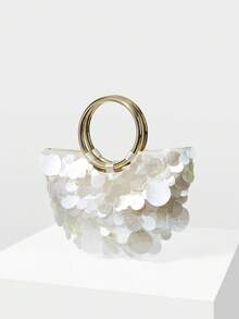 MOTF Bolso de mano de moda para mujer con perlas y lentejuelas, asa redonda, bolso semicircular exquisito, brillante y sencillo, adecuado para citas y fiestas, vacaciones de verano, viajes, , playa, bohemio, a juego - Lentejuelas Blancas - Ver 2