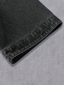 Manfinity Denimwave 男士深灰色夏季街頭休閒牛仔襯衫，復古水洗口袋陰影設計層次上衣，3D剪裁落肩中袖，度假風 - 黑色 - 查看 5