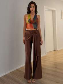 SHEIN Glamour Quần nữ buộc dây kiểu dáng thường ngày - màu nâu - Xem 3