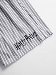 HARRY POTTER X SHEIN 男士条纹短袖单排扣上衣和短裤睡衣套装 - 黑與白 - 查看 6