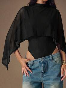 SHEIN BAE Women's Oblique Shoulder Ruffled Layered Chiffon Blouse, Elegant Blouse, Minimalist Fashion Blouse - Black - View 4