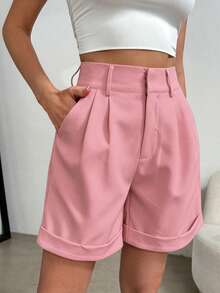 SHEIN Clasi Plus Size Women Casual Solid Color Cuffed Shorts - Dusty Pink - View 5