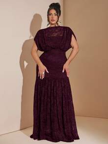 SHEIN BAE Plus Size Women Dark Purple Lace Dress Formal Wedding Winter Elegant - Red Violet - View 5