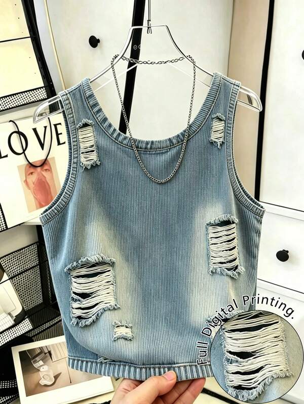 Resyla Chaleco para mujer / Chaleco con efecto denim retro con estampado digital rasgado / Camiseta de tirantes acanalada / Top de moda casual de cuello redondo para mujer / Verano