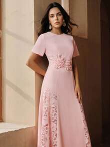 Anewsta Women's Elegant Modern Minimalist Round Neck Water-Soluble Lace Patchwork Waist Ruffle Trim Pink Short Sleeve Dress, Spring/Summer - Pink - View 5