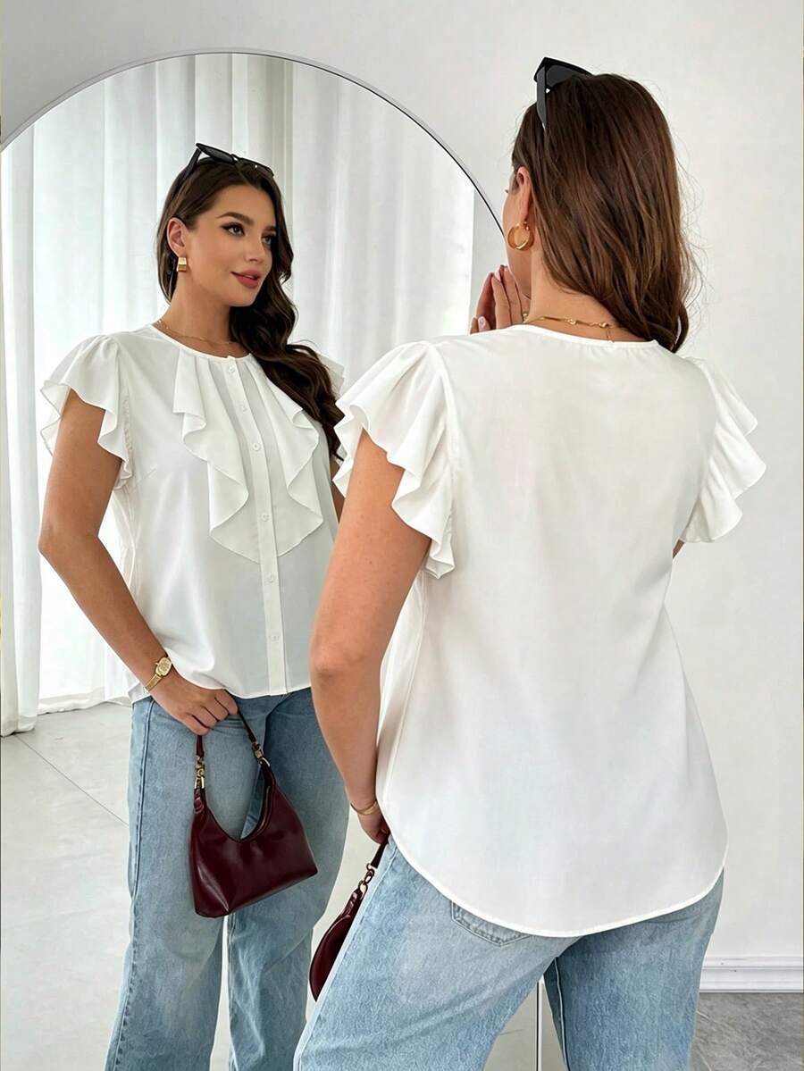 SHEIN Clasi Plus Size Women's Elegant Brown Round Neck Ruffle Top, Casual Summer Top, Versatile Work Gym Daily Wear - White - View 1