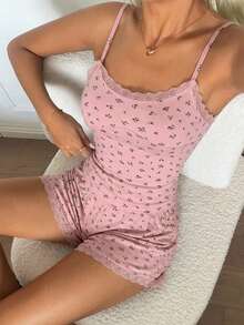 DAZY 2pcs Lace Patchwork Pink Ditsy Floral Camisole And Shorts Pajama Set For Women - Pink - View 6