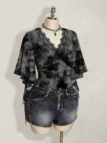 SHEIN ICON 大码女式扎染撞色蕾丝荷叶袖T恤 - 彩色 - 查看 4