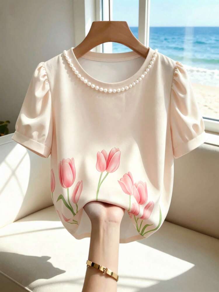 Resyla French Minimalist Pearl Studded Tulip Print Round Neck T-Shirt, Luxury Puff Sleeve Top, Versatile For Wedding, Vacation, Work, Birthday Date And More Occasions - Multicolor - View 4
